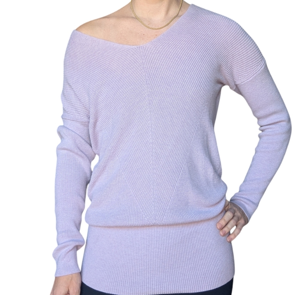 WHBM Cashmere DROP SHOULDERS V-Neck  Tunic Long Sleeve Sweater dress lilac Small